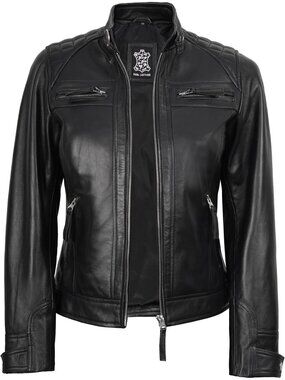 Women’s Black Leather Cafe Racer Motorcycle Biker Jacket